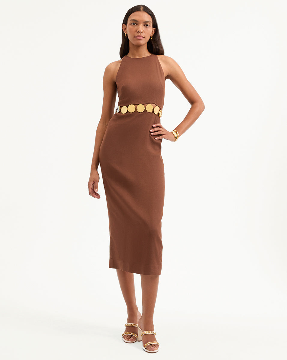 Gold Medallion Midi Dress with Halter Neck & Waist Cutouts | Isla