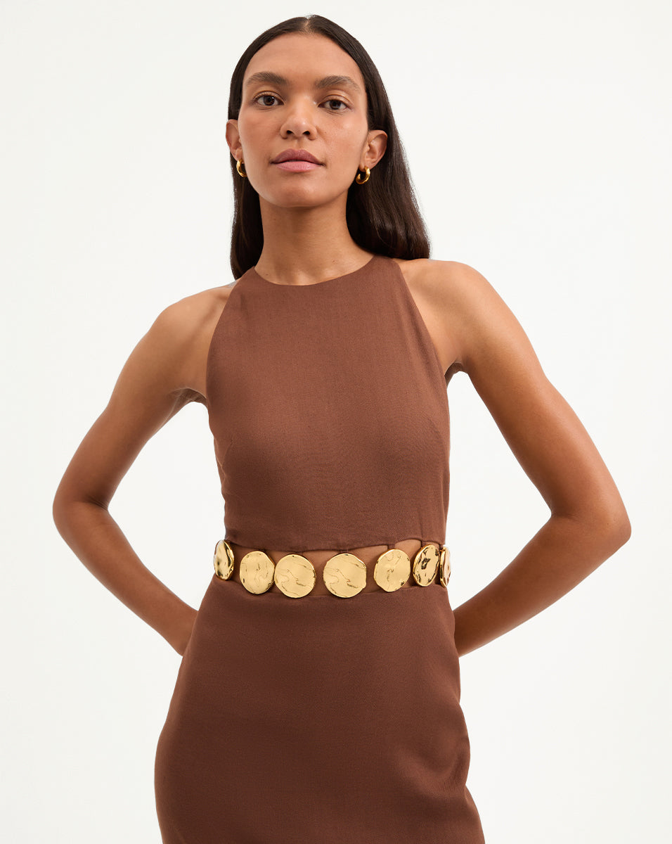 Gold Medallion Midi Dress with Halter Neck & Waist Cutouts | Isla