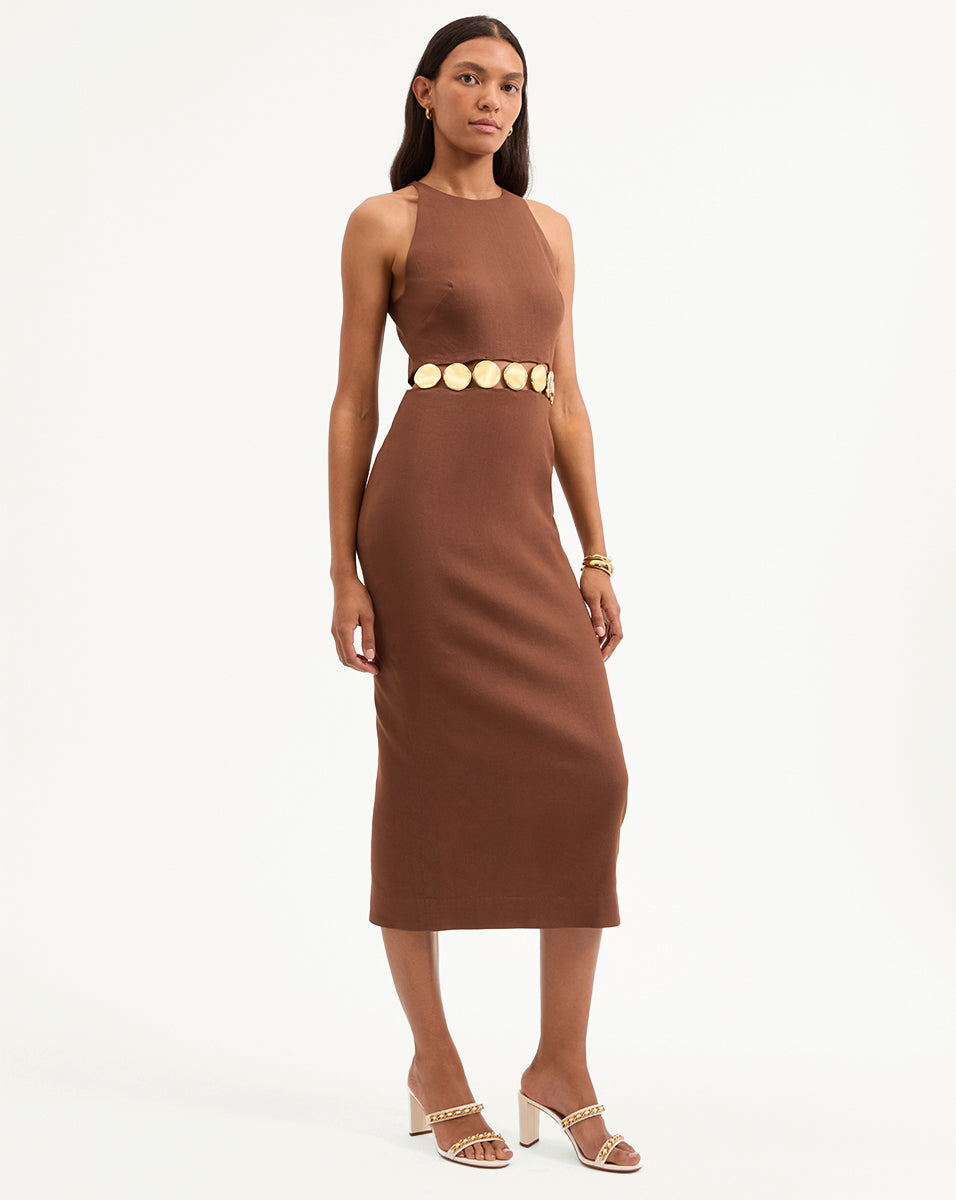 Gold Medallion Midi Dress with Halter Neck & Waist Cutouts | Isla