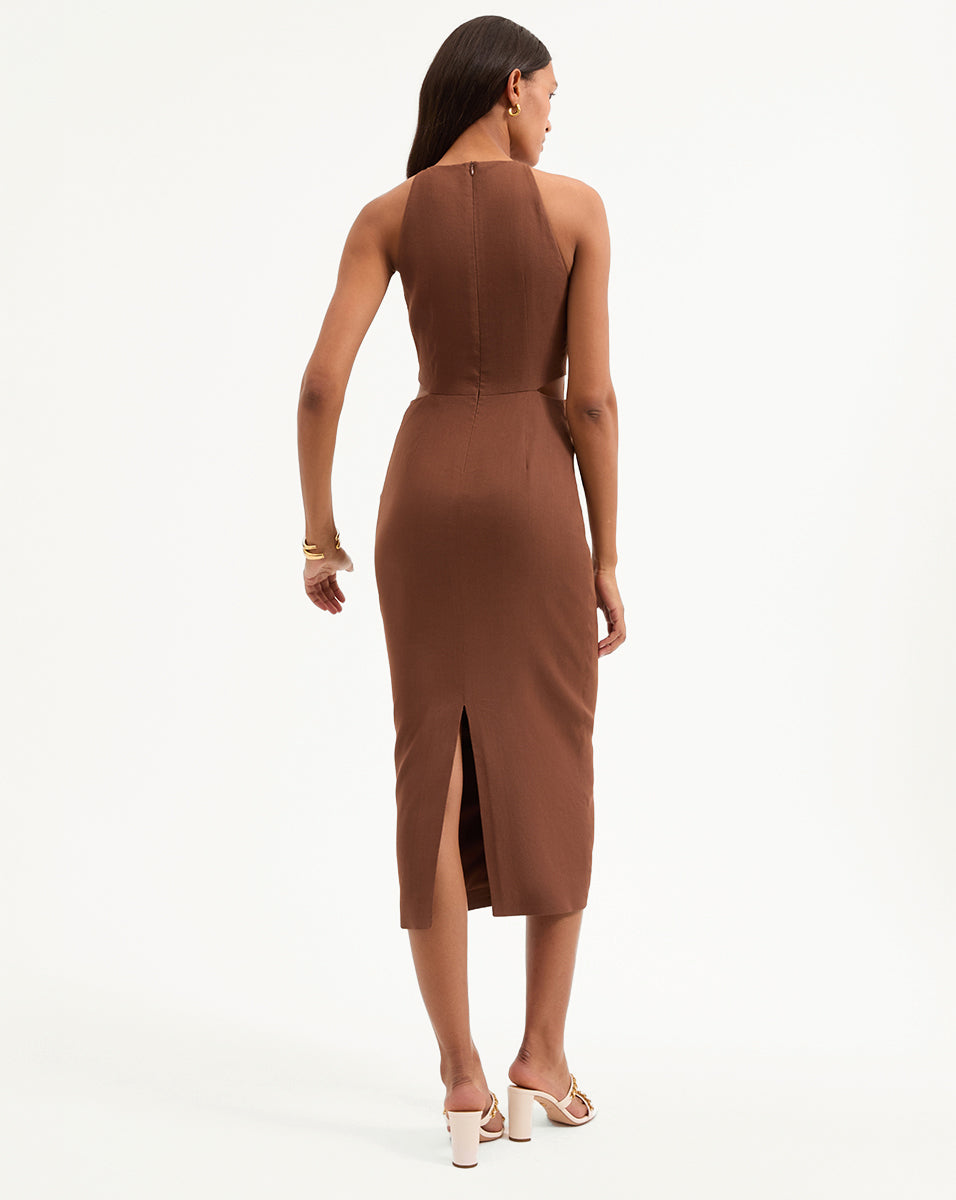 Gold Medallion Midi Dress with Halter Neck & Waist Cutouts | Isla