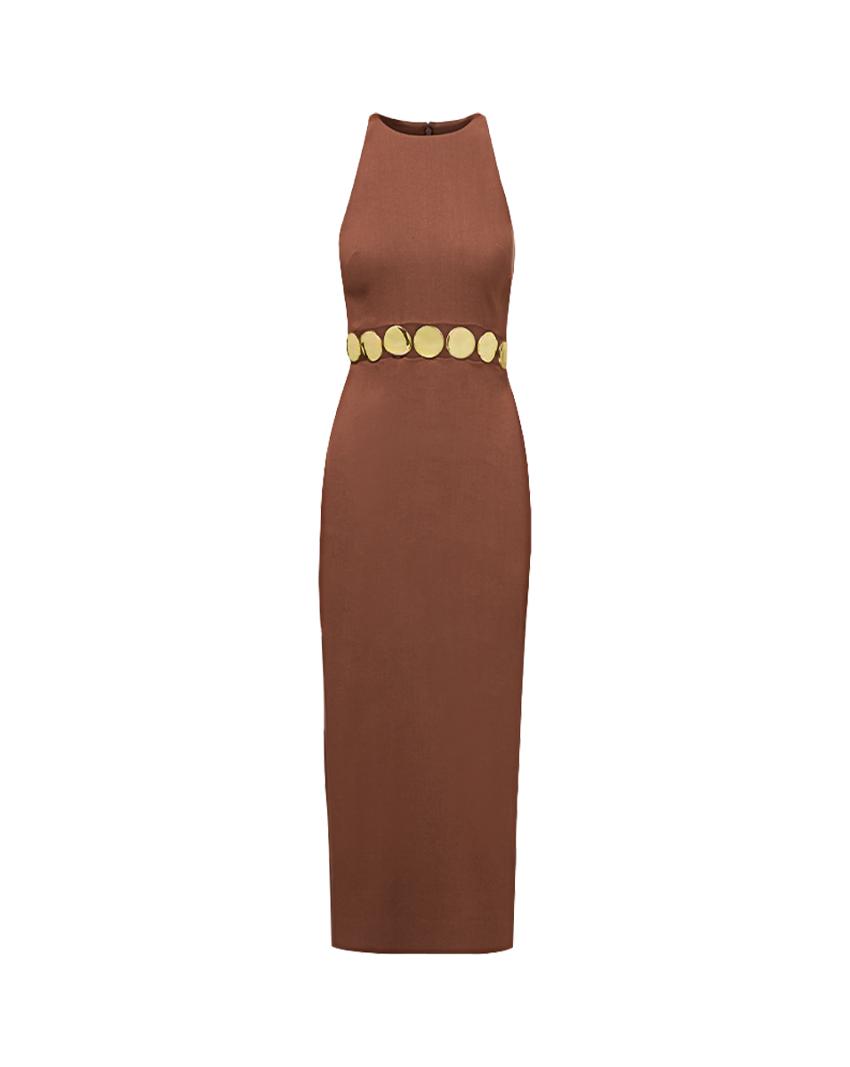 Gold Medallion Midi Dress with Halter Neck & Waist Cutouts | Isla