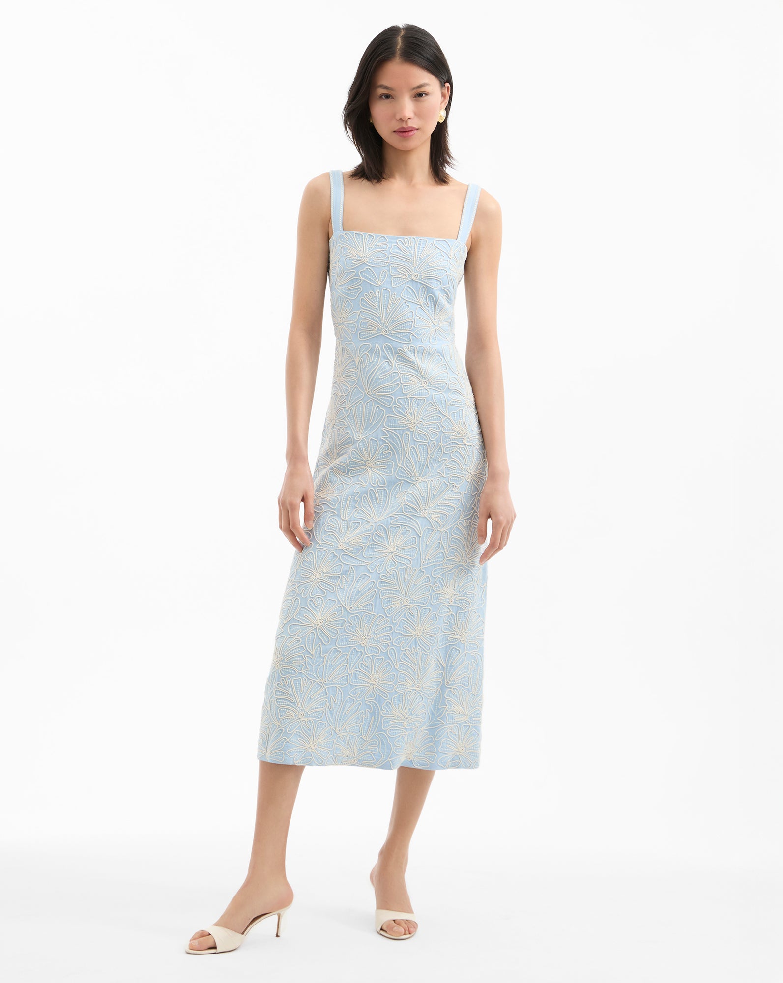 Floral Embroidered Midi Dress in Blue & White | Ella Linen Dress