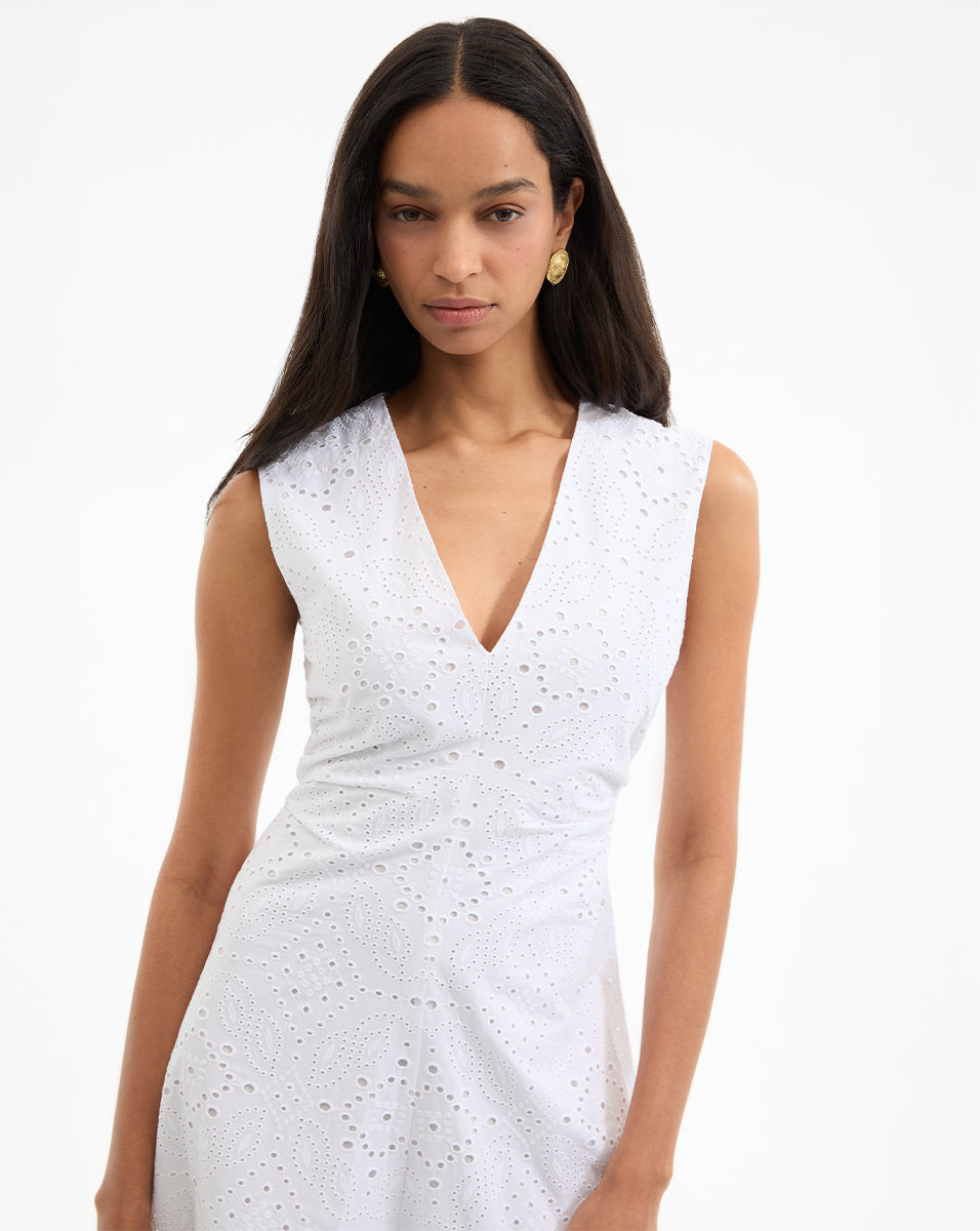 Eyelet Midi Dress in Cotton with V Neck & Cap Sleeves | Aven