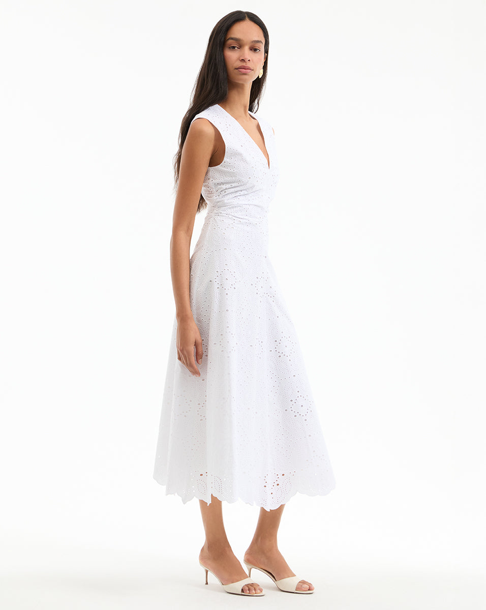 Eyelet Midi Dress in Cotton with V Neck & Cap Sleeves | Aven
