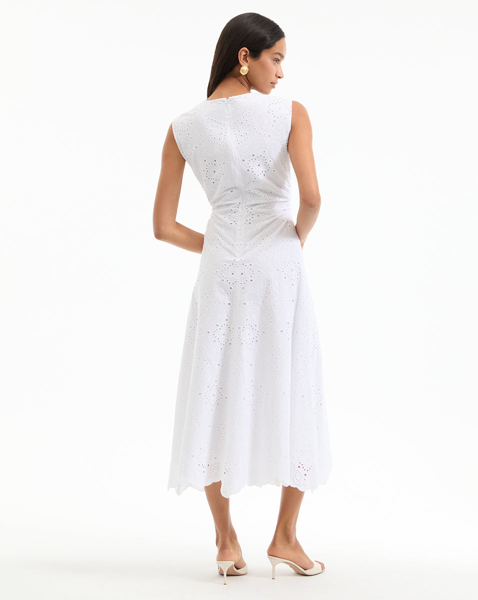 Eyelet Midi Dress in Cotton with V Neck & Cap Sleeves | Aven