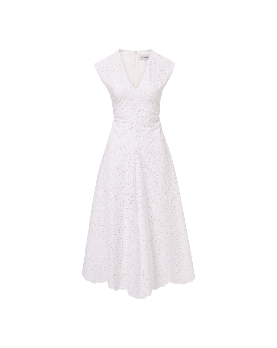 Eyelet Midi Dress in Cotton with V Neck & Cap Sleeves | Aven