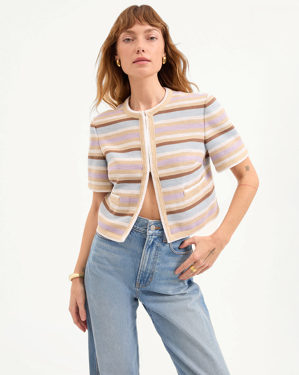 Stylish Cropped Short-Sleeve Jacket in Faded Stripes | Wyatt