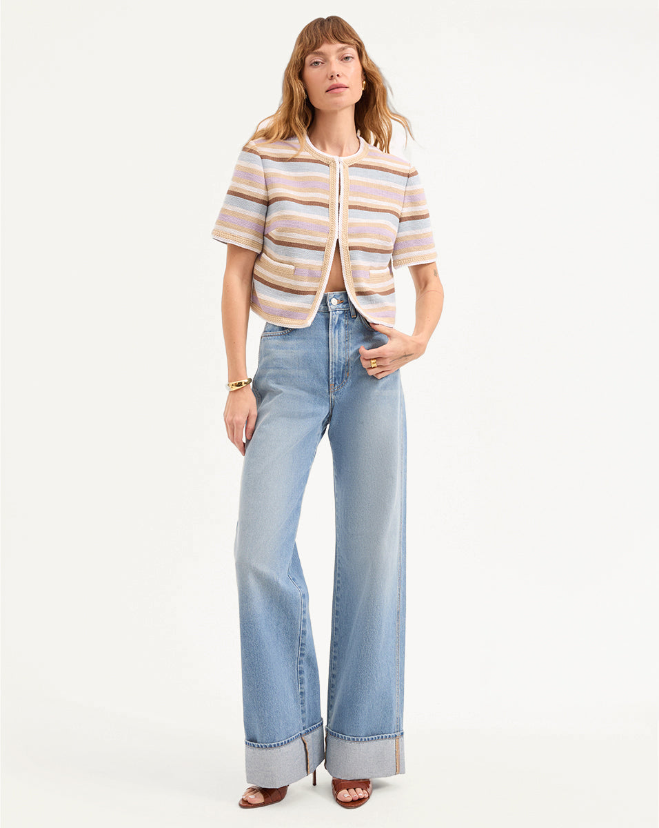 Stylish Cropped Short-Sleeve Jacket in Faded Stripes | Wyatt