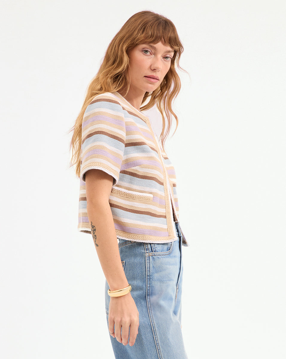 Stylish Cropped Short-Sleeve Jacket in Faded Stripes | Wyatt