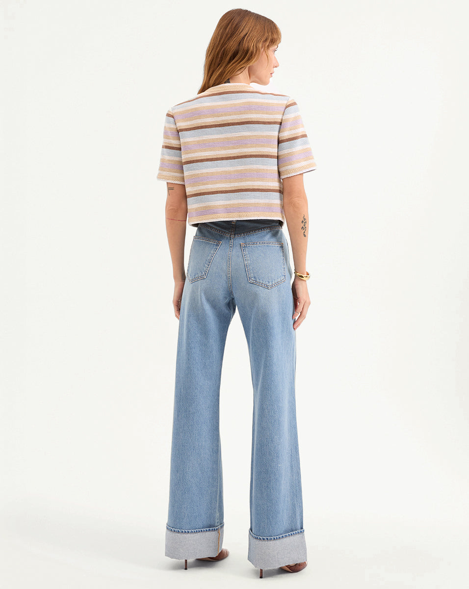 Stylish Cropped Short-Sleeve Jacket in Faded Stripes | Wyatt
