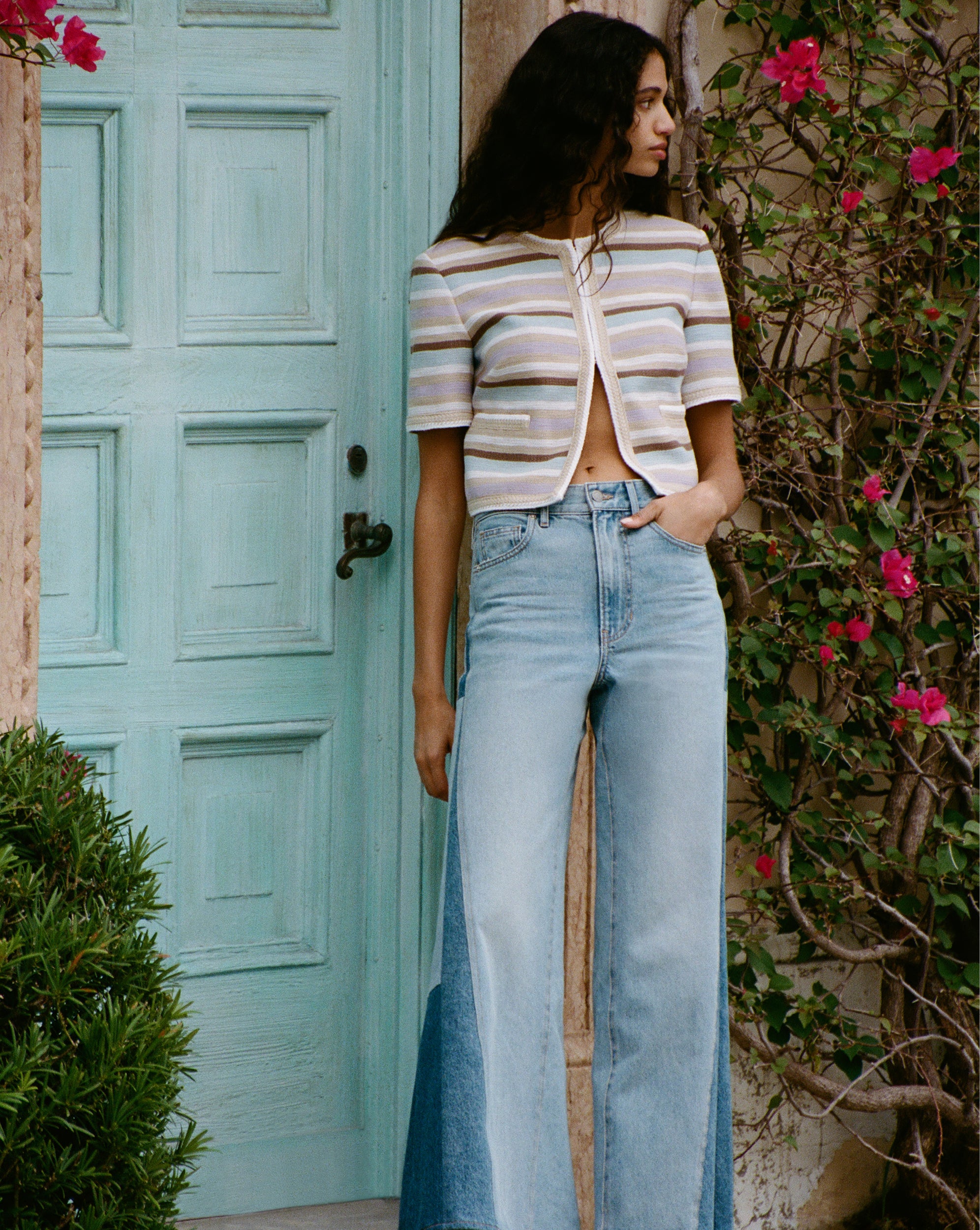 Stylish Cropped Short-Sleeve Jacket in Faded Stripes | Wyatt