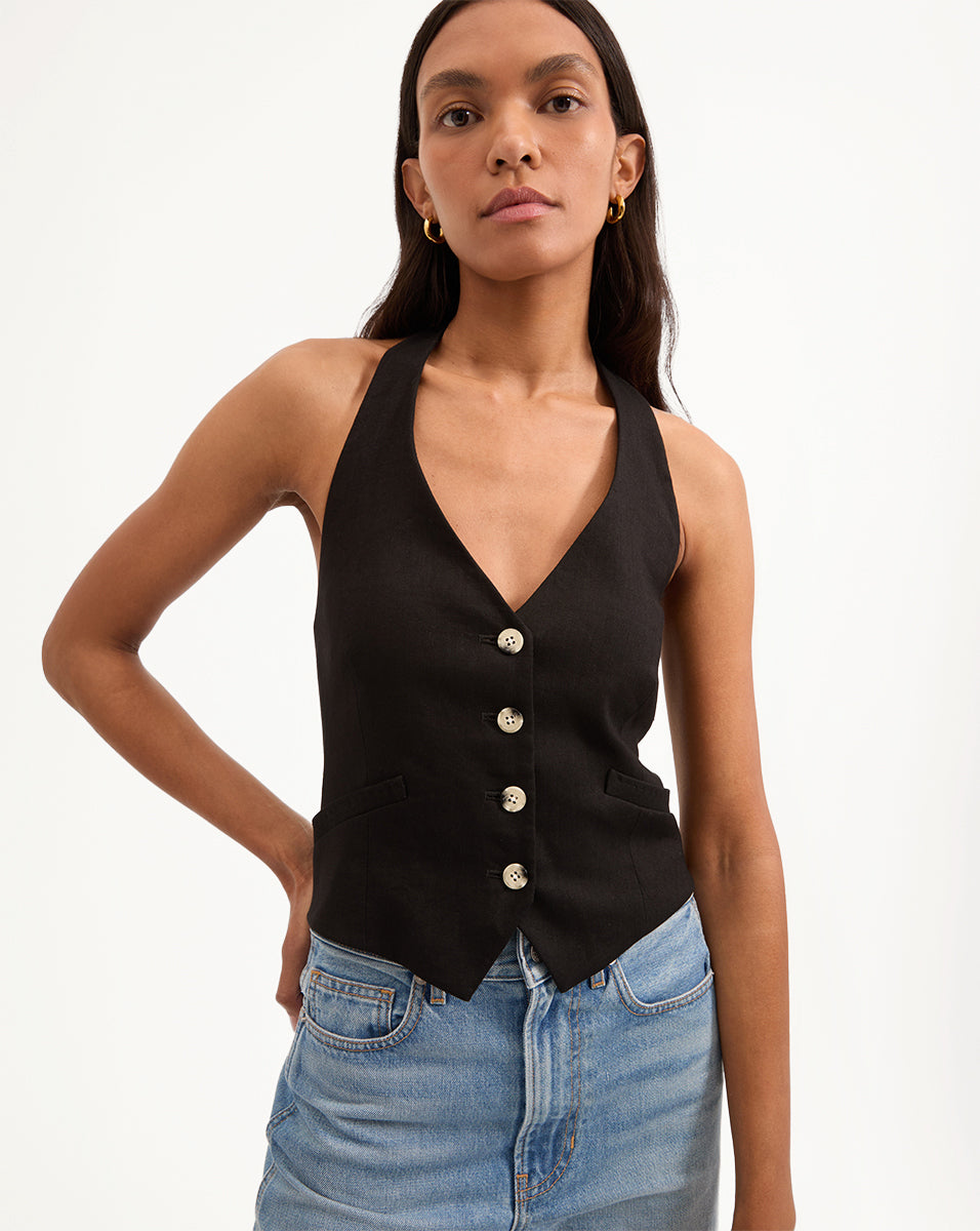 Stretch-Linen Vest with V-Neck & Adjustable Back | Arabella