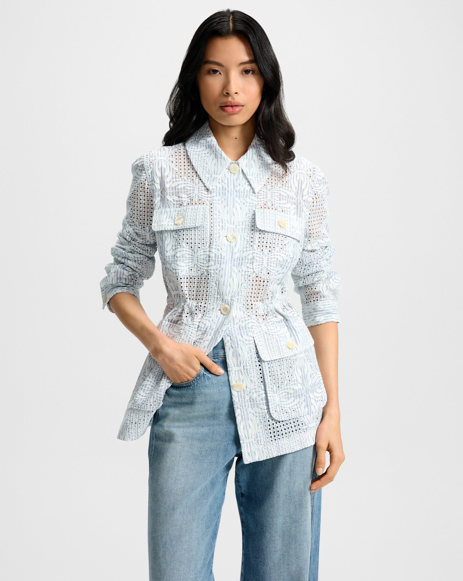 Linen Eyelet Safari Jacket for Women | Kiki Blue & White