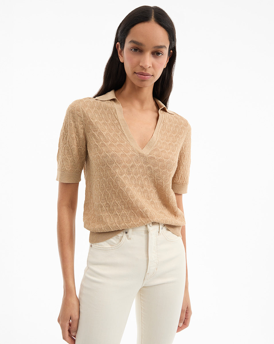 Linen Knit Polo Shirt with V-Neck & Half Sleeves | Issa