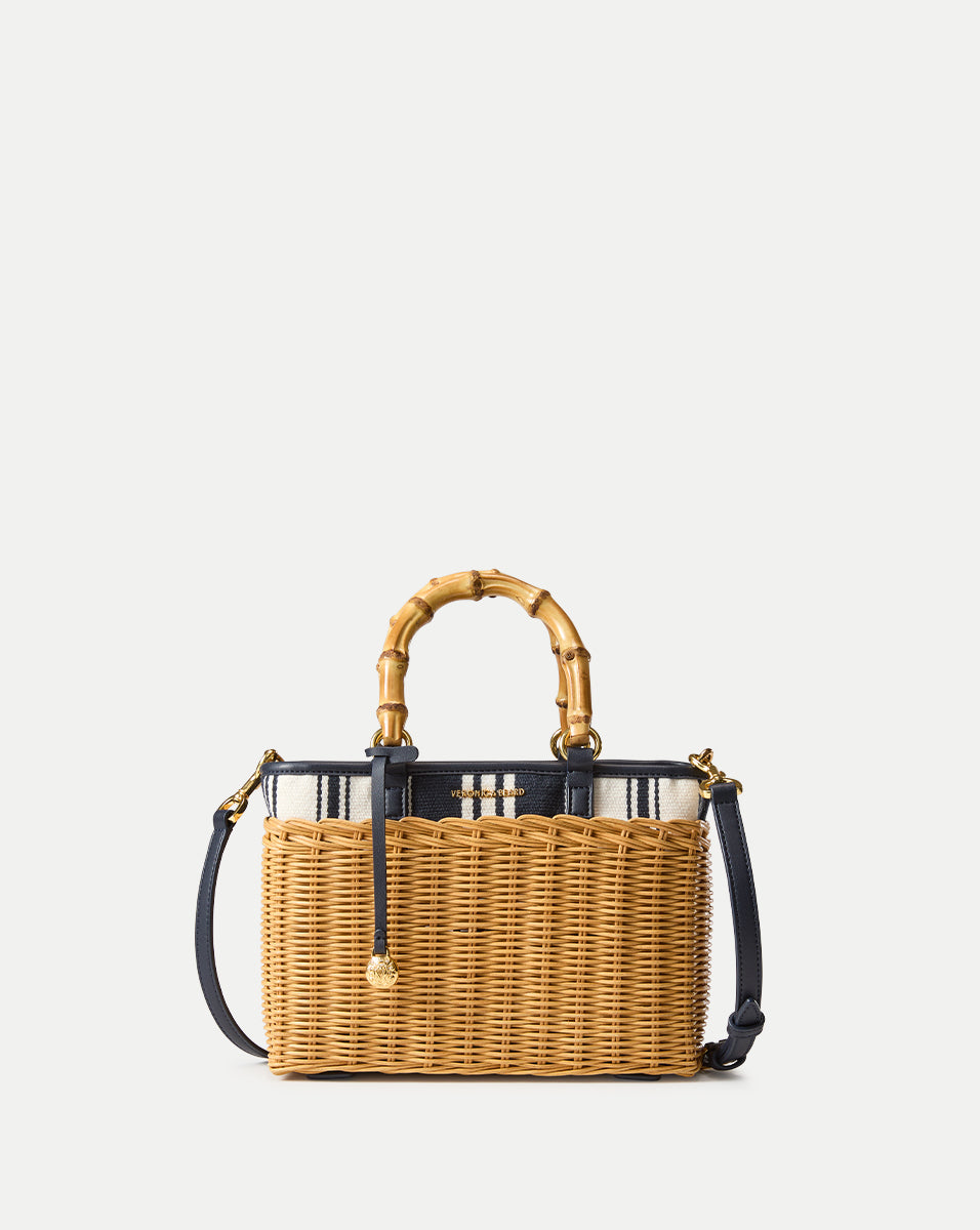 Wicker Mini Box Bag with Navy Canvas & Bamboo Handles | Porto Tote