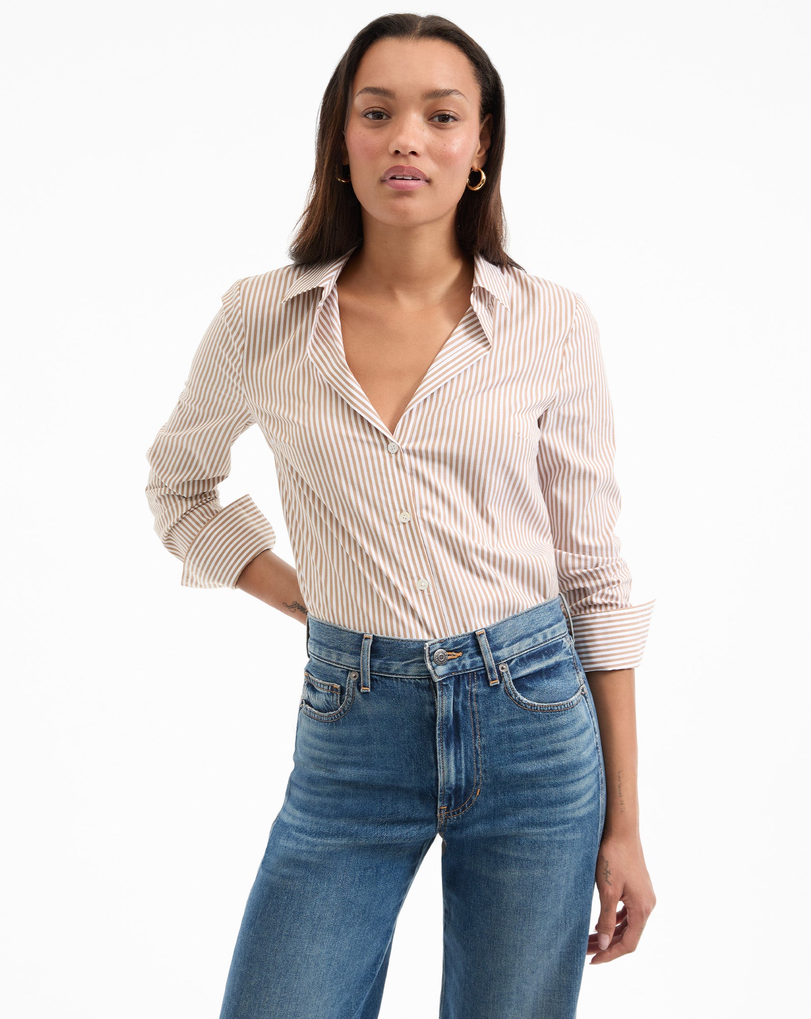 Classic Brown Striped Button-Down Shirt for Women | Amelia