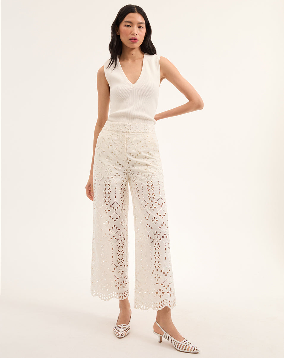 Wide-Leg Cotton Eyelet Pants with Scalloped Hem | Kemper