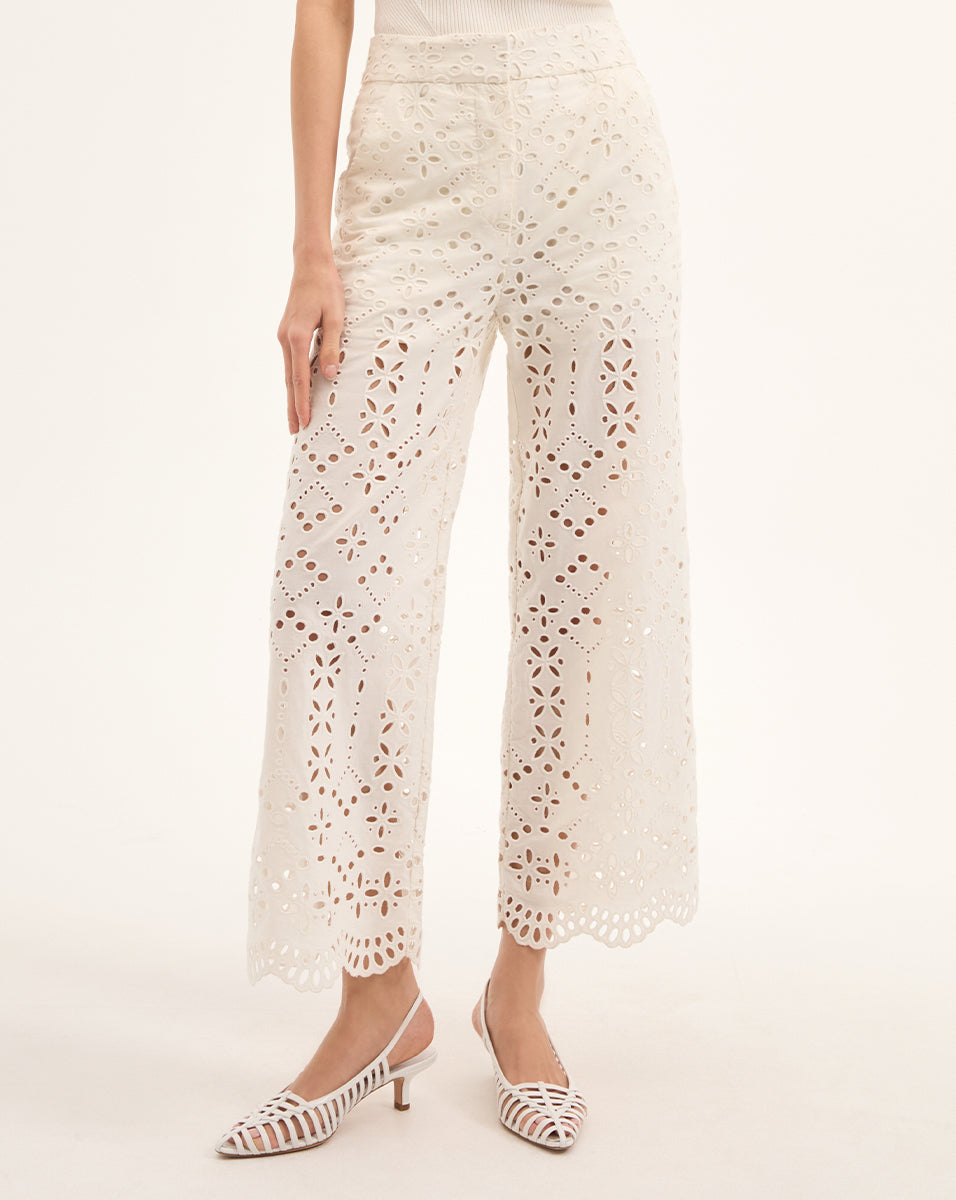 Wide-Leg Cotton Eyelet Pants with Scalloped Hem | Kemper