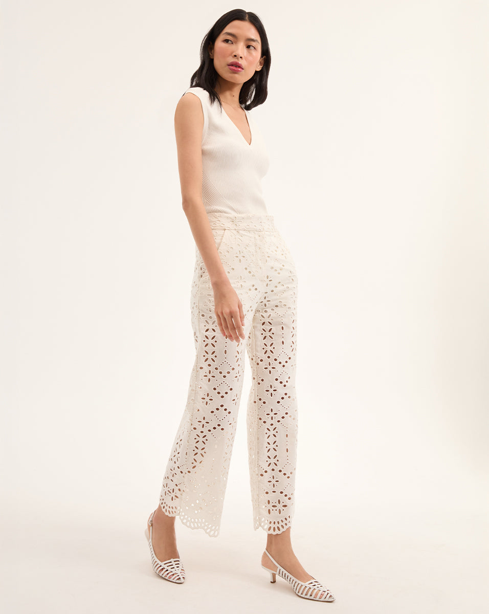 Wide-Leg Cotton Eyelet Pants with Scalloped Hem | Kemper