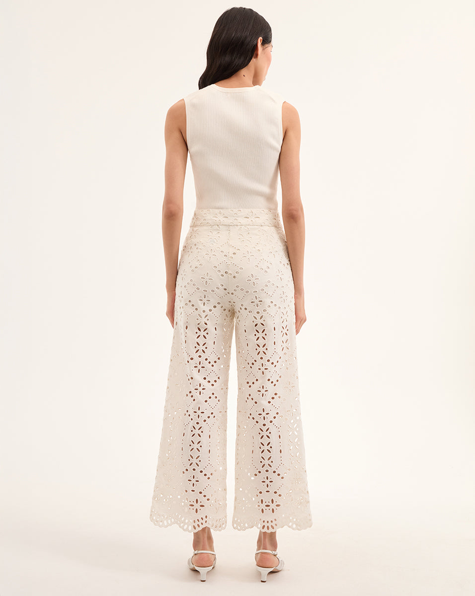 Wide-Leg Cotton Eyelet Pants with Scalloped Hem | Kemper