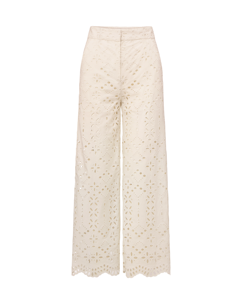 Wide-Leg Cotton Eyelet Pants with Scalloped Hem | Kemper