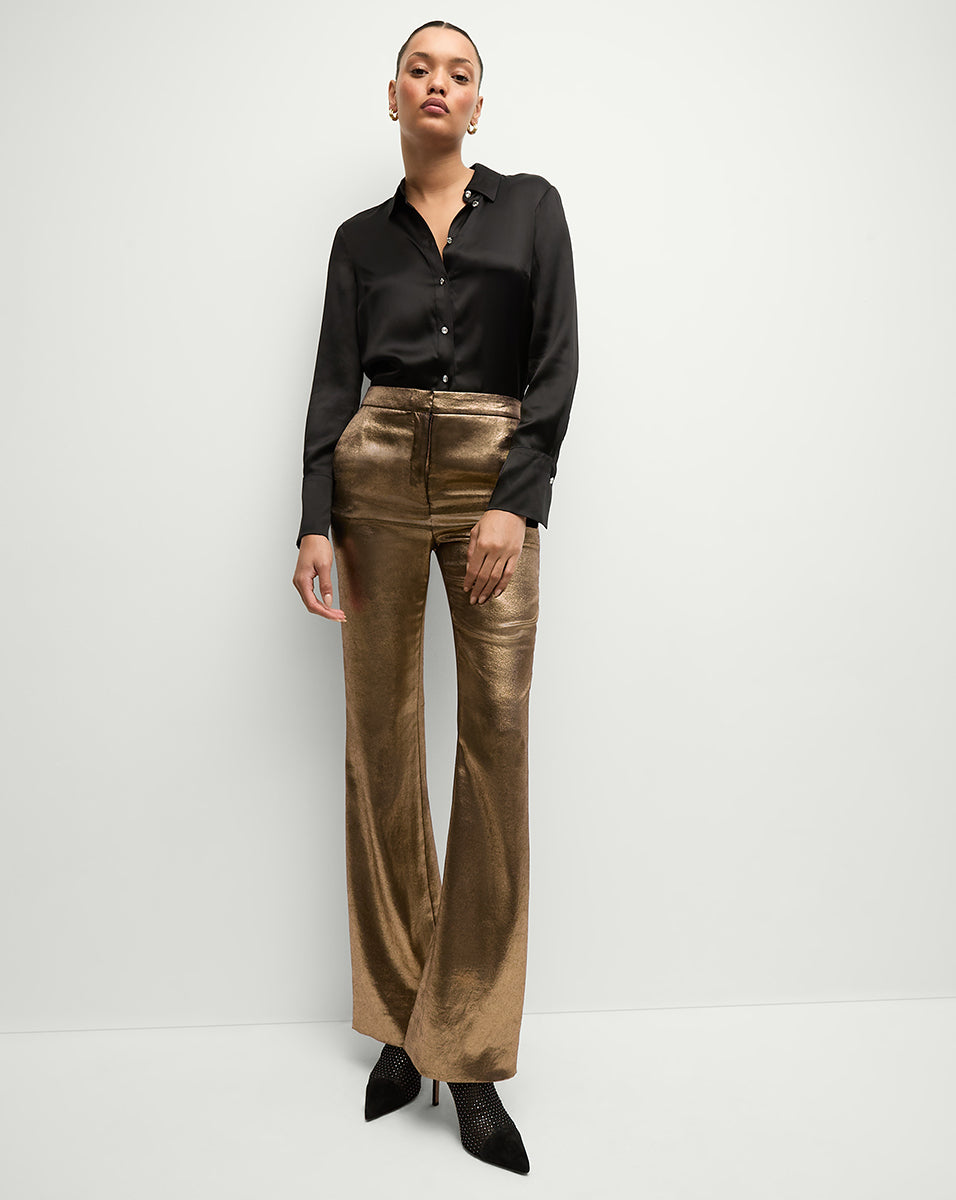 High-Waisted Flare Pants in Metallic Gold | Gracie Pant