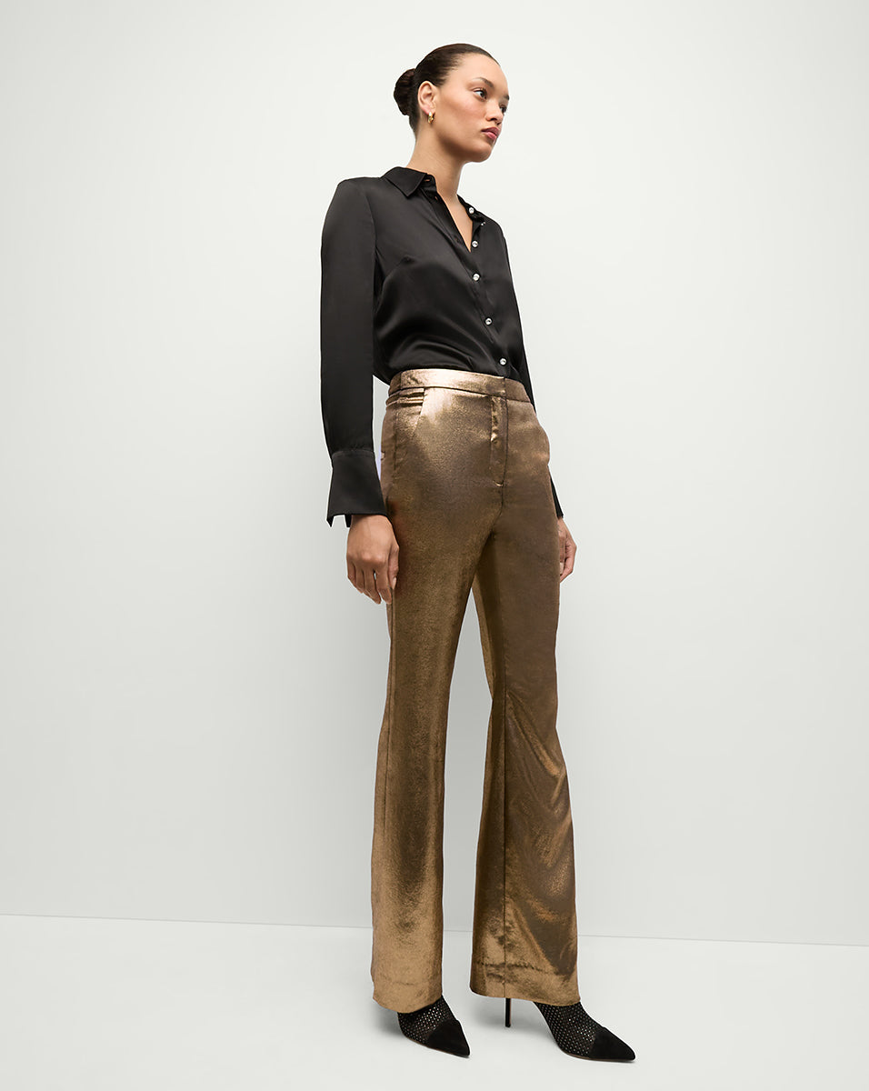 High-Waisted Flare Pants in Metallic Gold | Gracie Pant