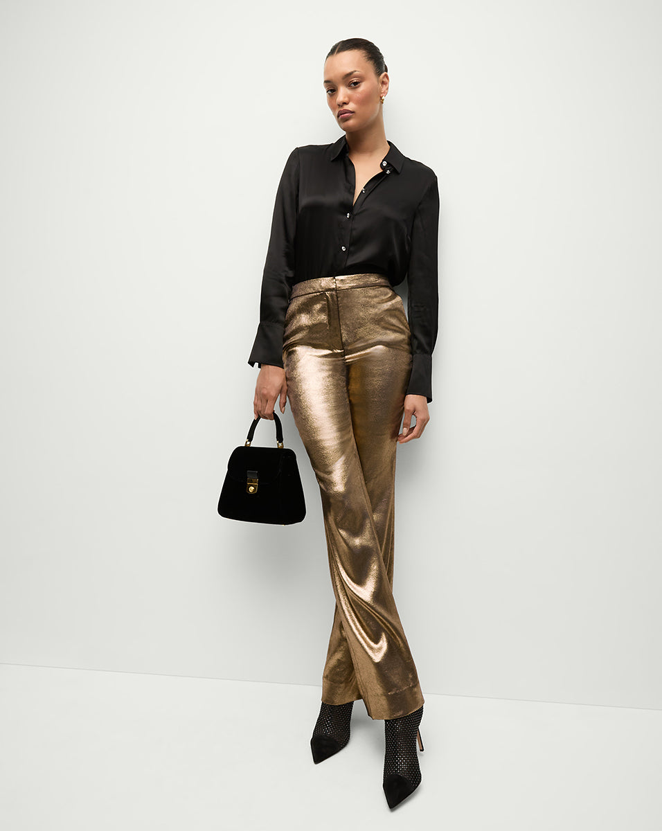 High-Waisted Flare Pants in Metallic Gold | Gracie Pant