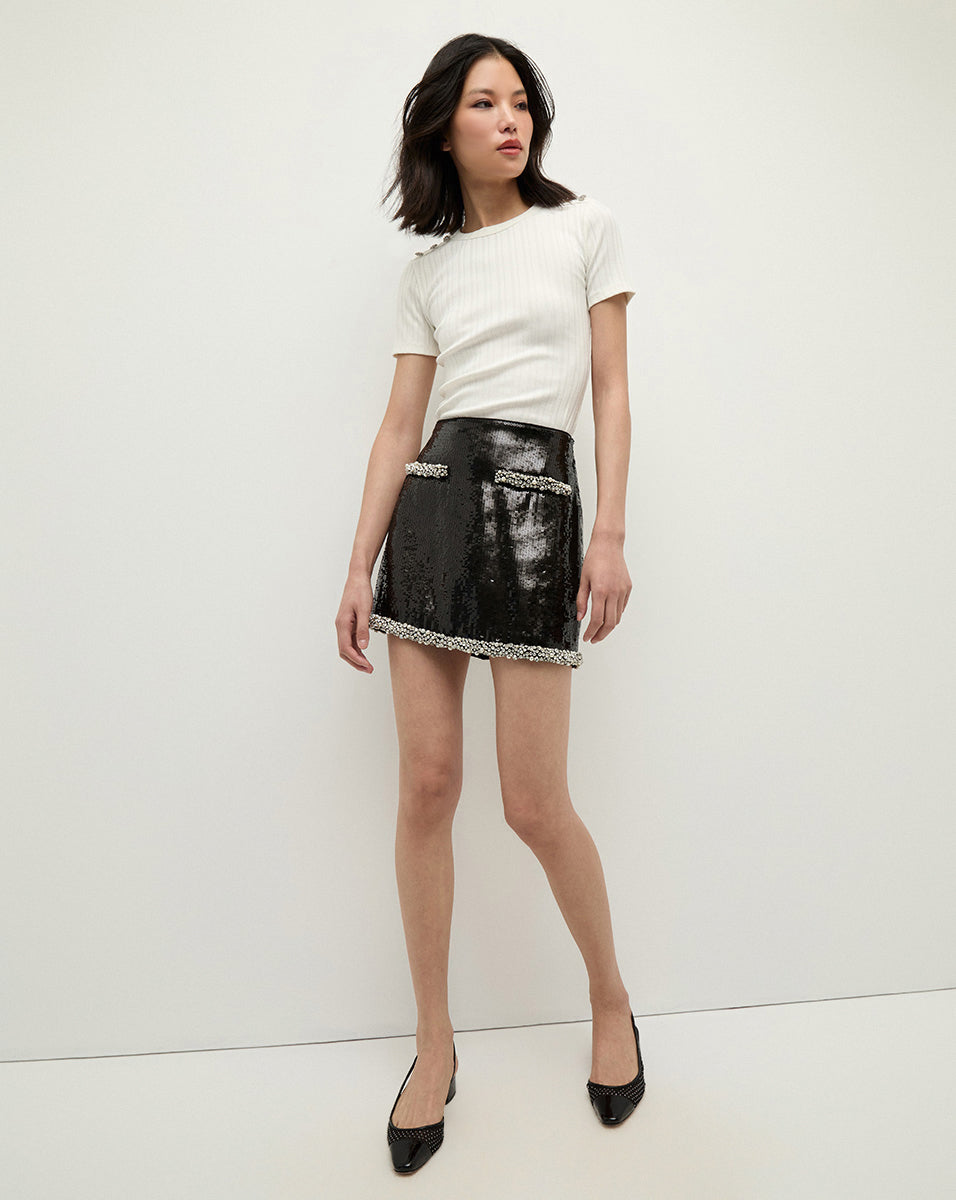 Sequined Mini Skirt with Pearl & Rhinestone Trim | Perry