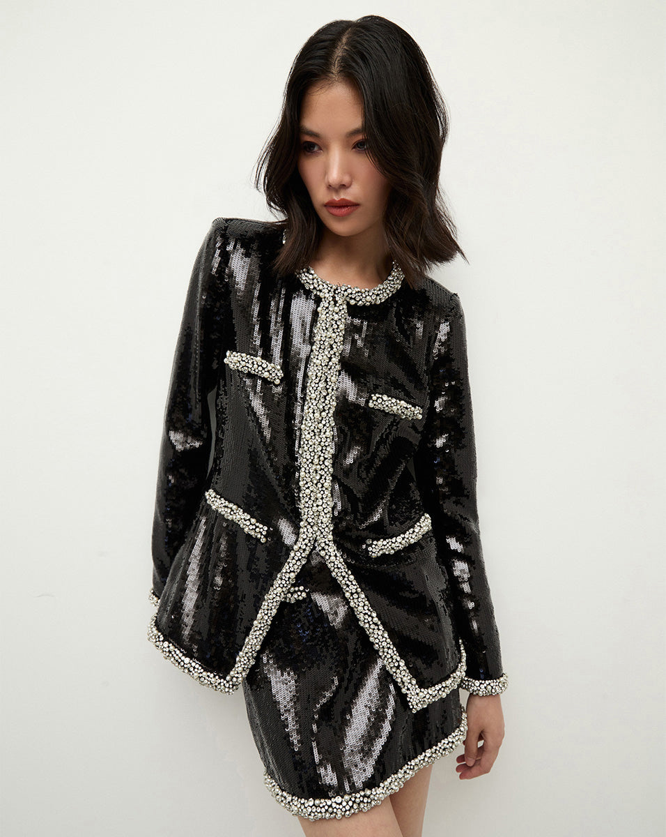 Sequined Mini Skirt with Pearl & Rhinestone Trim | Perry