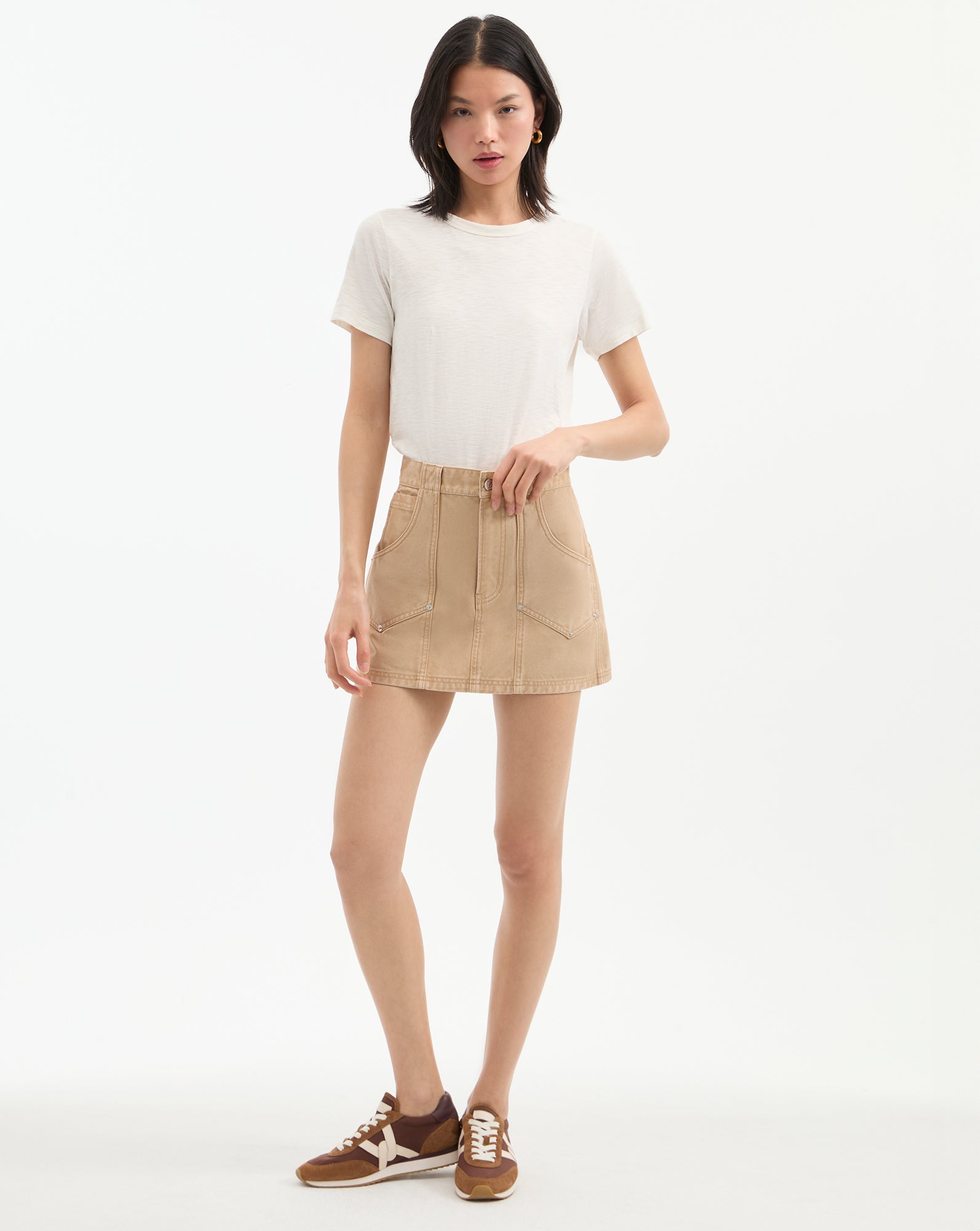 Khaki Denim Mini Skirt with A-Line Silhouette | Stelene