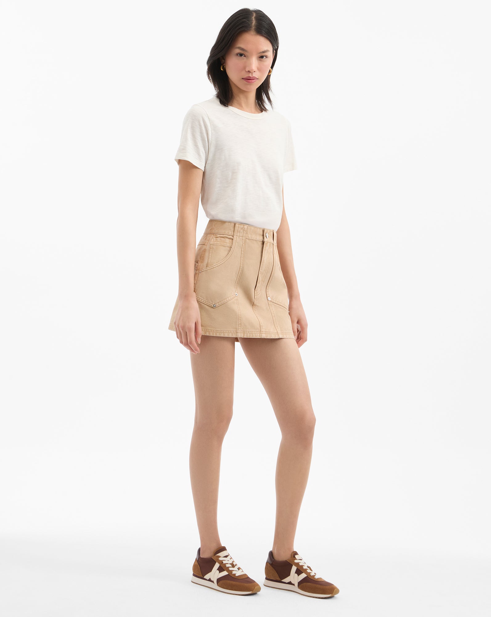 Khaki Denim Mini Skirt with A-Line Silhouette | Stelene