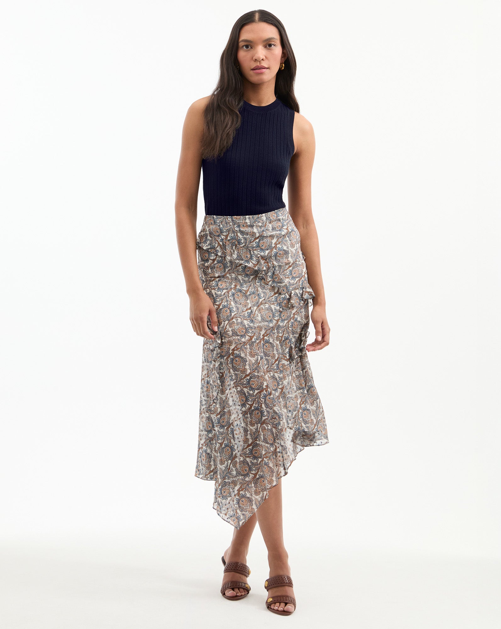 Silk Midi Skirt with Ruffles & Handkerchief Hem | Eleonora
