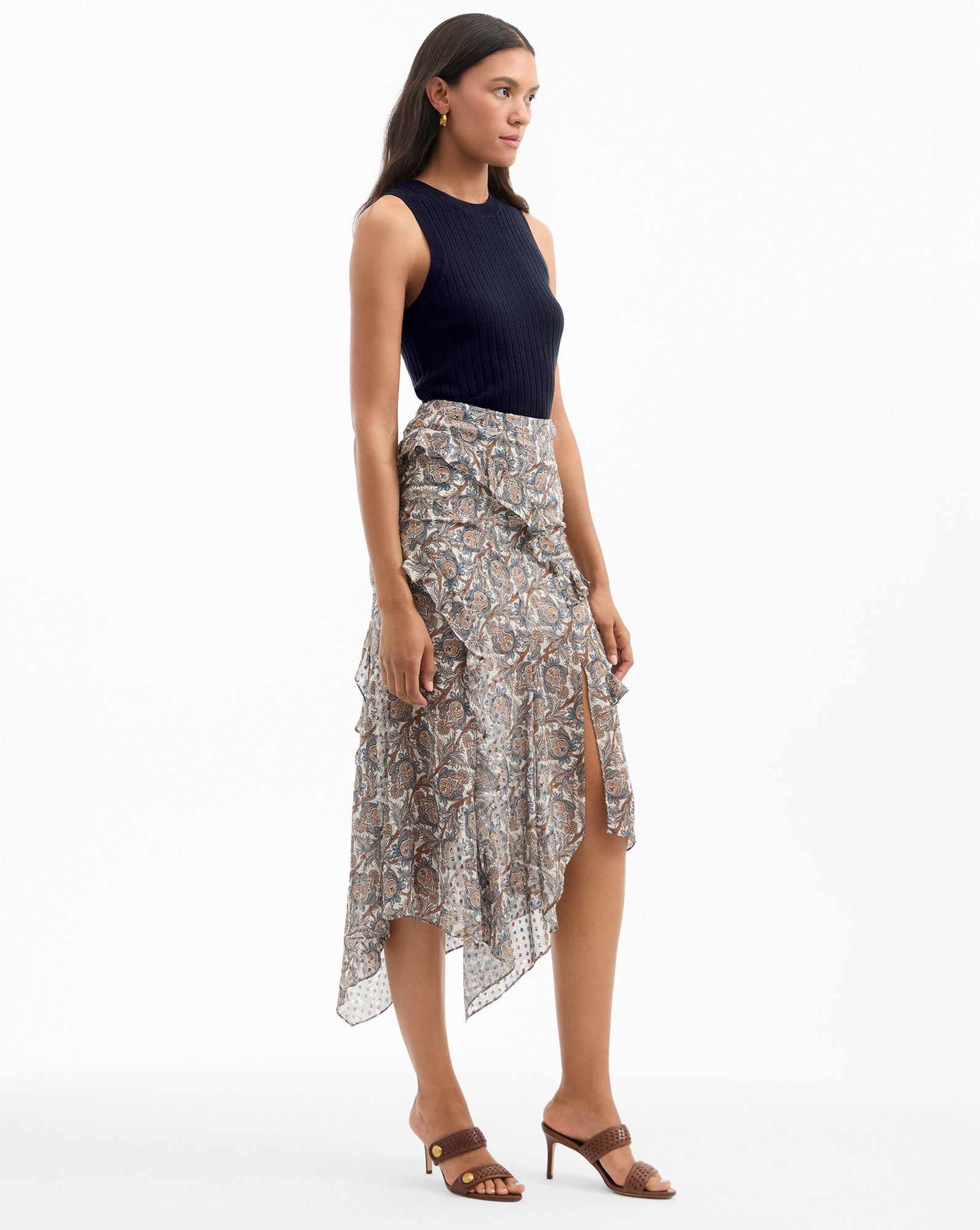 Silk Midi Skirt with Ruffles & Handkerchief Hem | Eleonora