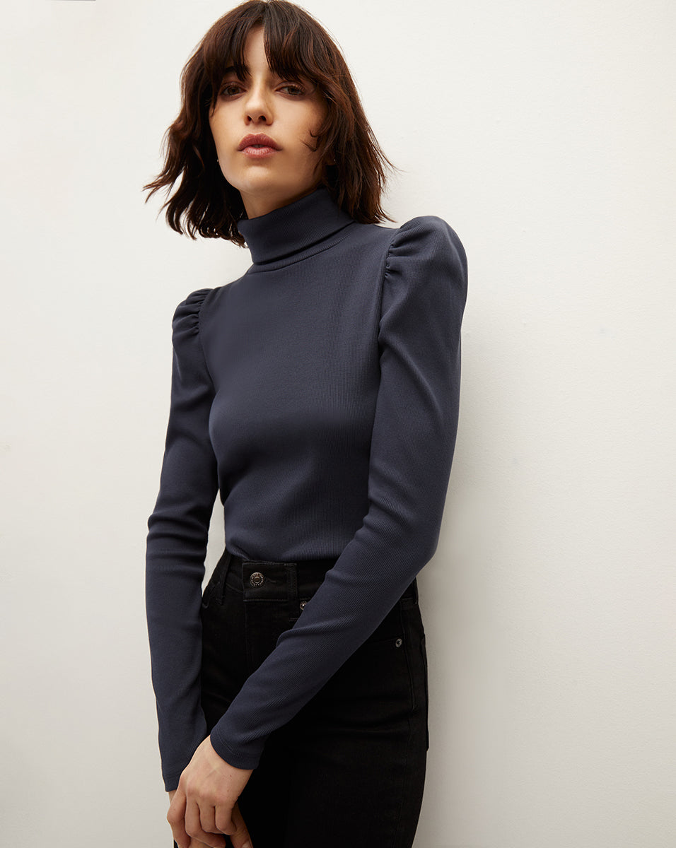 Cotton Mock Neck Turtleneck with Puffed Sleeves | Cedar