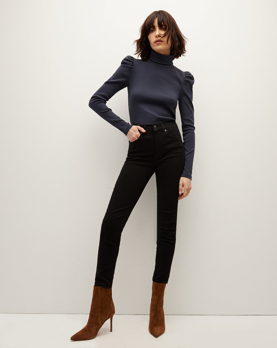 Cotton Mock Neck Turtleneck with Puffed Sleeves | Cedar