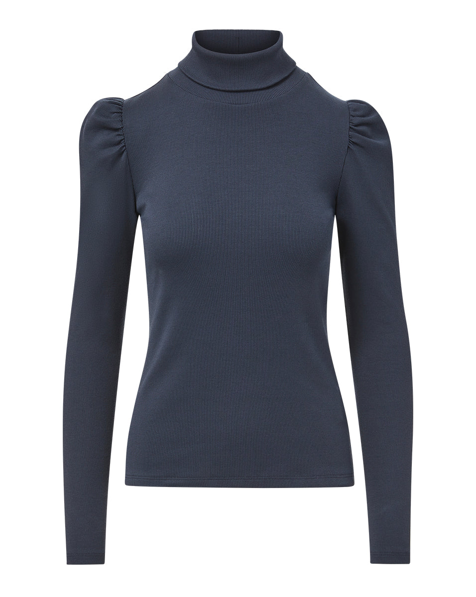 Cotton Mock Neck Turtleneck with Puffed Sleeves | Cedar