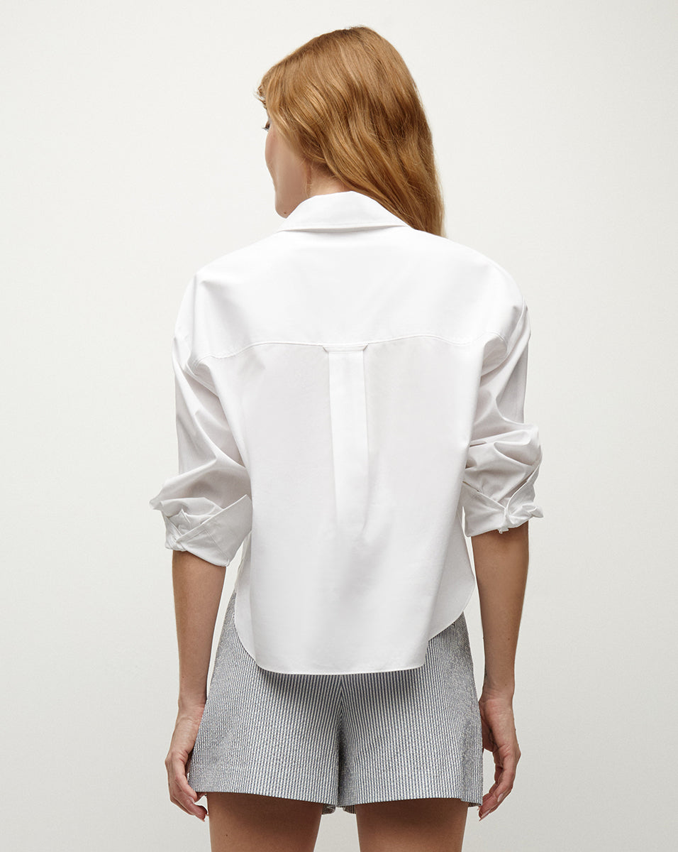 Relaxed Cotton Poplin Top with V-Neck & Patch Pocket | Khai