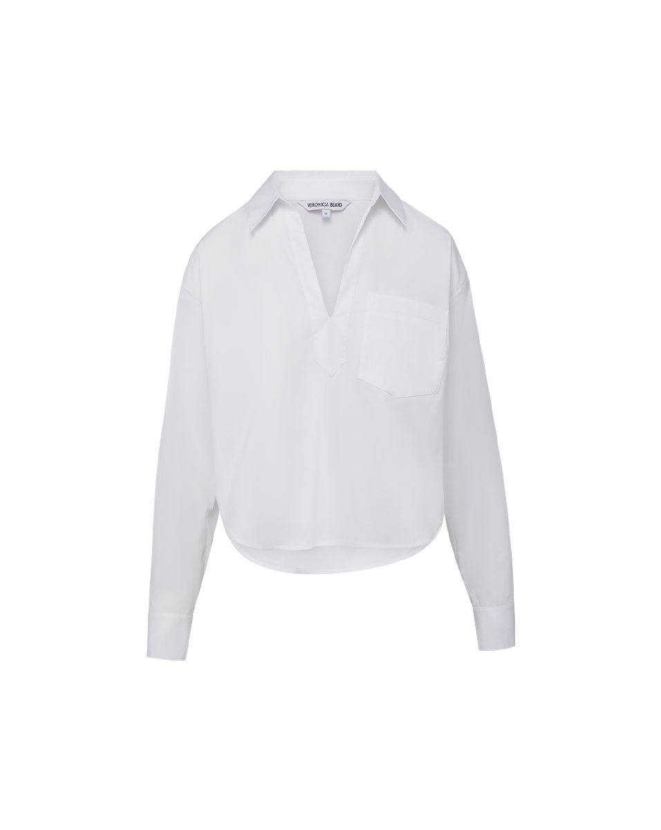 Relaxed Cotton Poplin Top with V-Neck & Patch Pocket | Khai