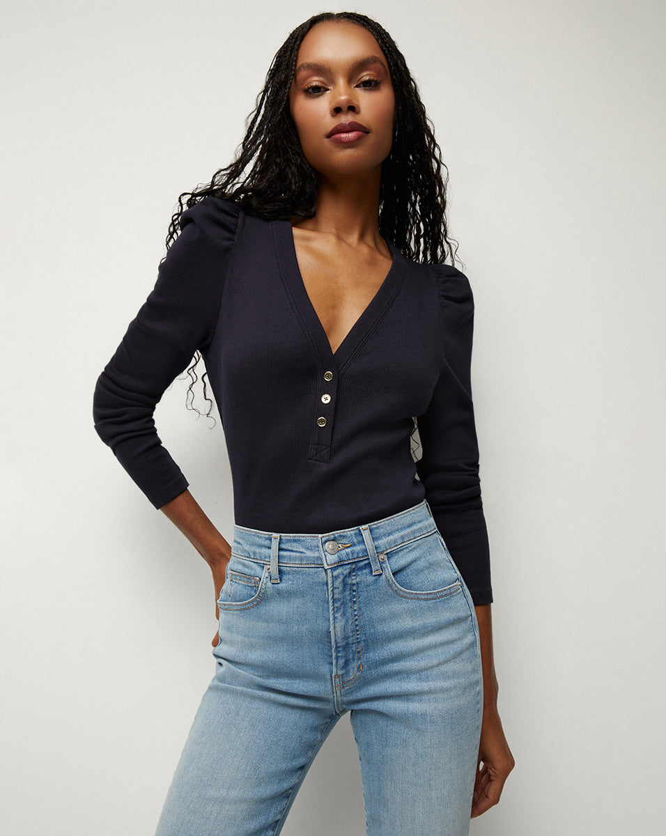 Puff-Sleeve Cotton Top for Women | Dekalb V-Neck Tee