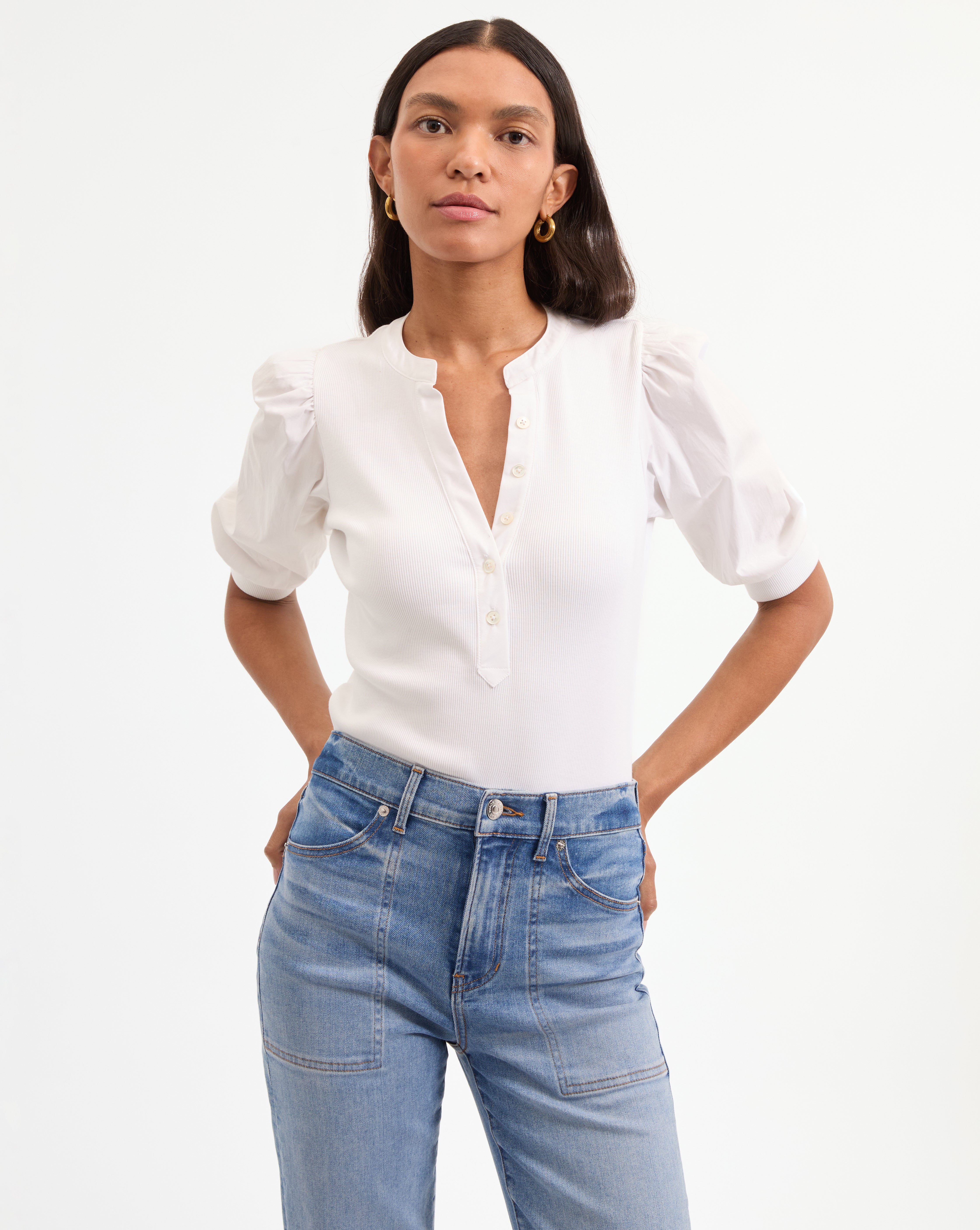 Puff-Sleeve Button-Down Top with V-Neck | Coralee