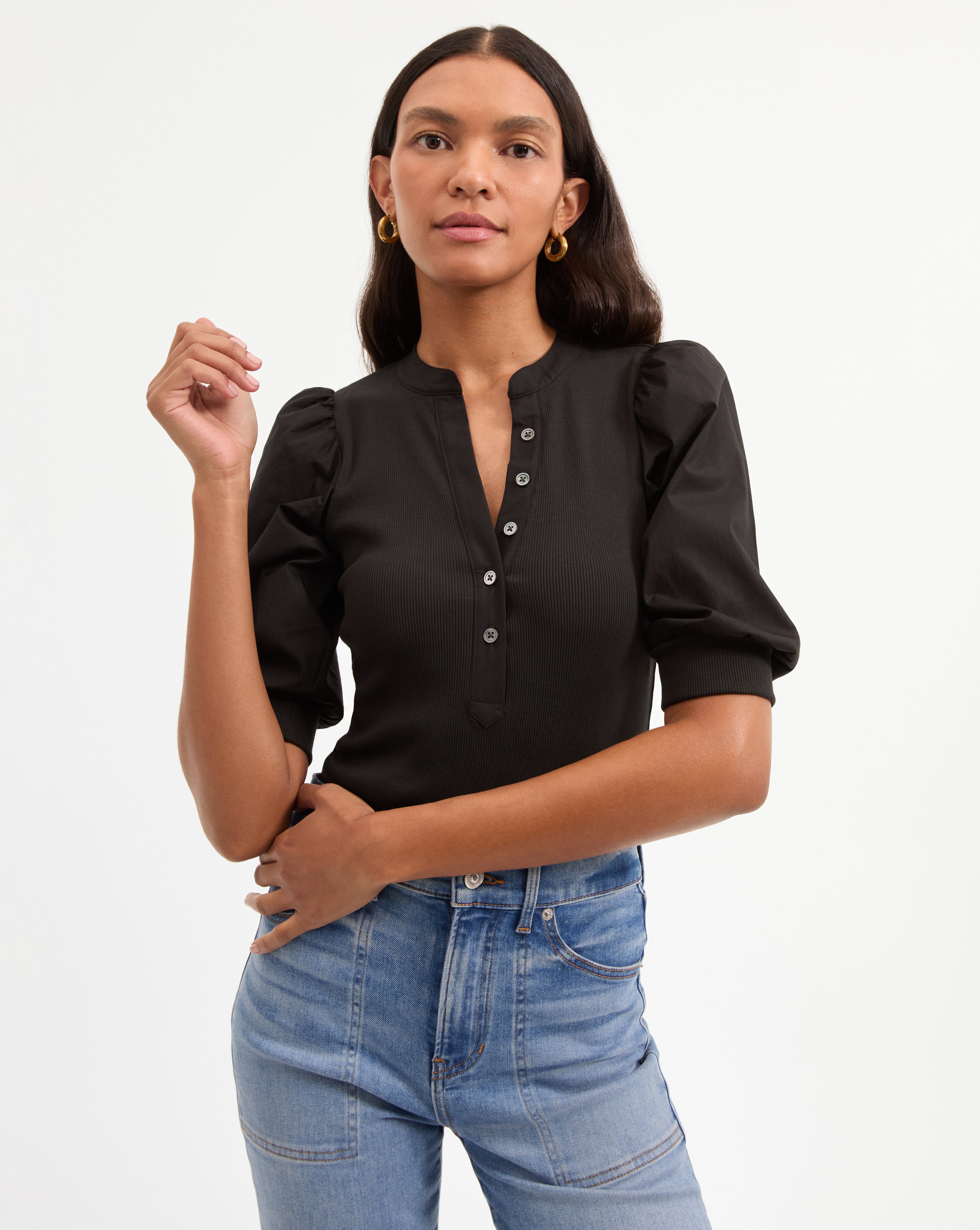 Puff-Sleeve Button-Down Top with V-Neck | Coralee