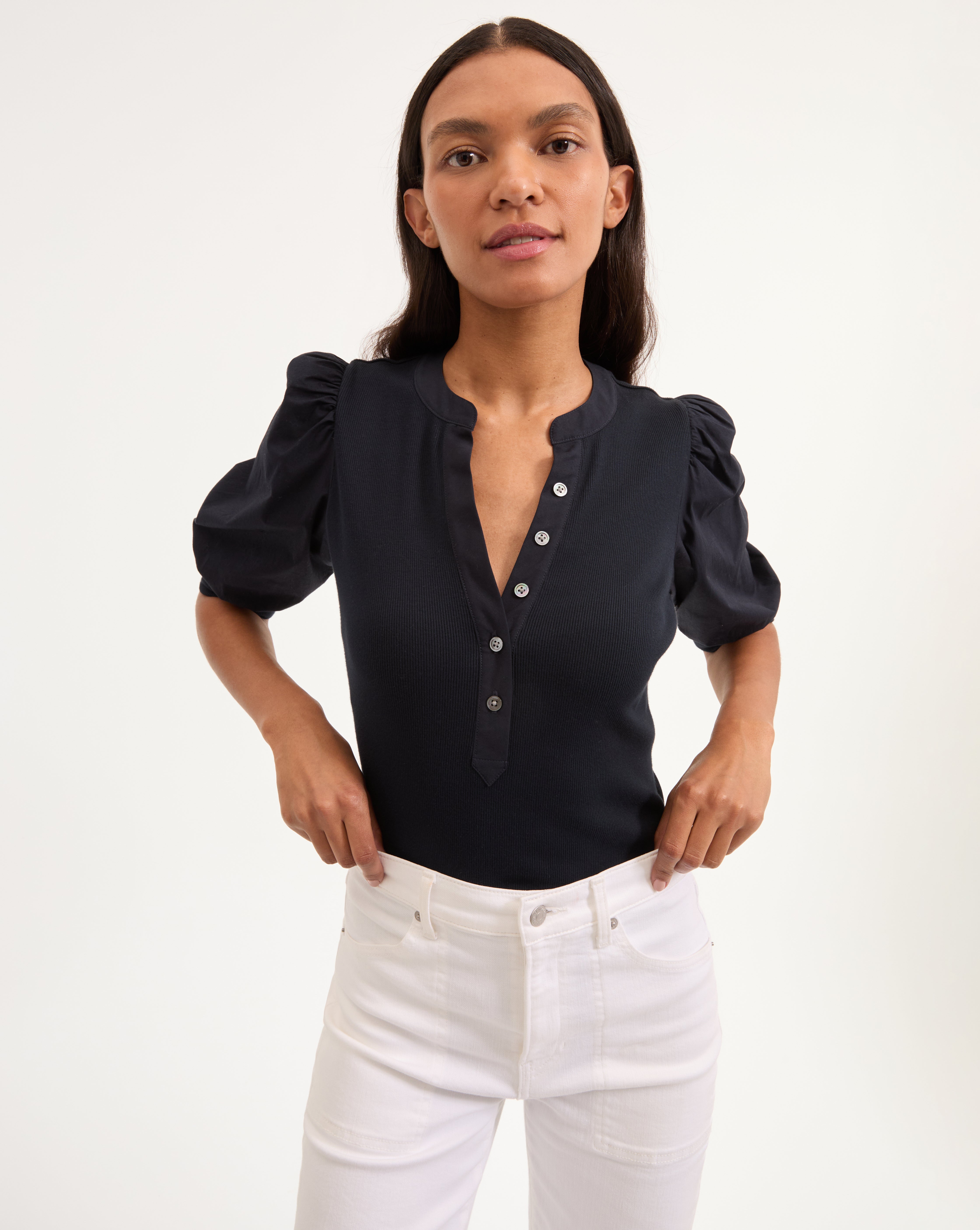 Puff-Sleeve Button-Down Top with V-Neck | Coralee