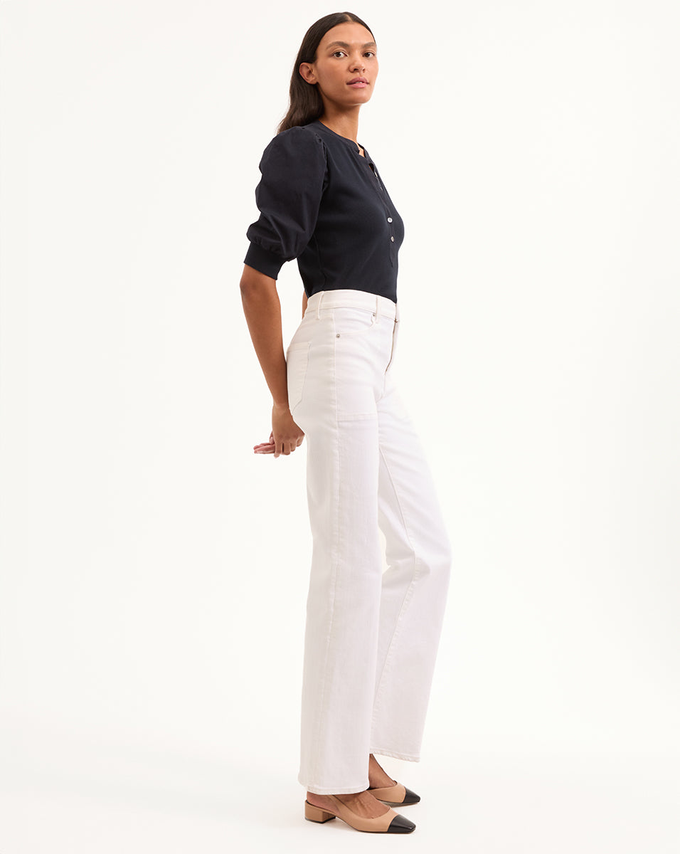 Puff-Sleeve Button-Down Top with V-Neck | Coralee
