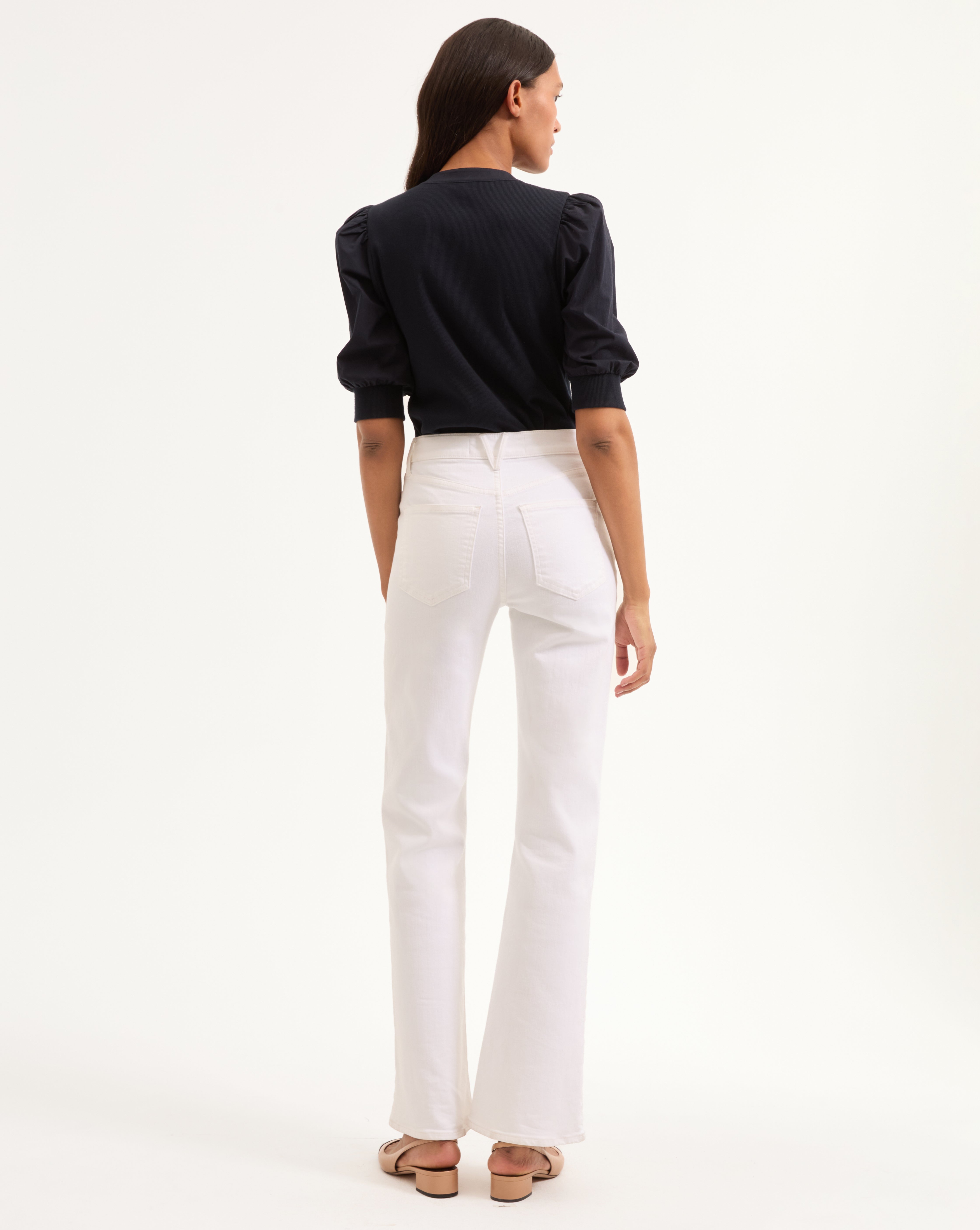 Puff-Sleeve Button-Down Top with V-Neck | Coralee