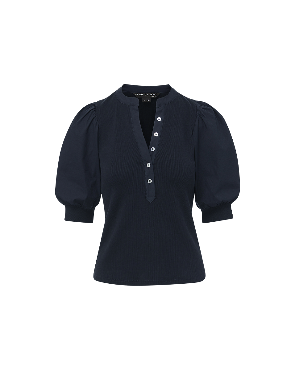 Puff-Sleeve Button-Down Top with V-Neck | Coralee