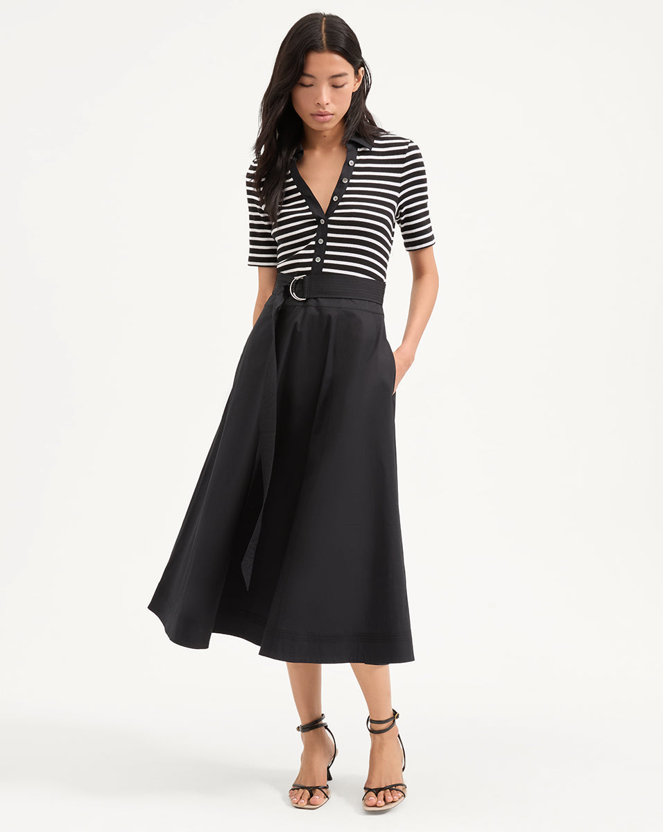 Black & White Striped Mixed Media Dress with Circle Skirt | Delise