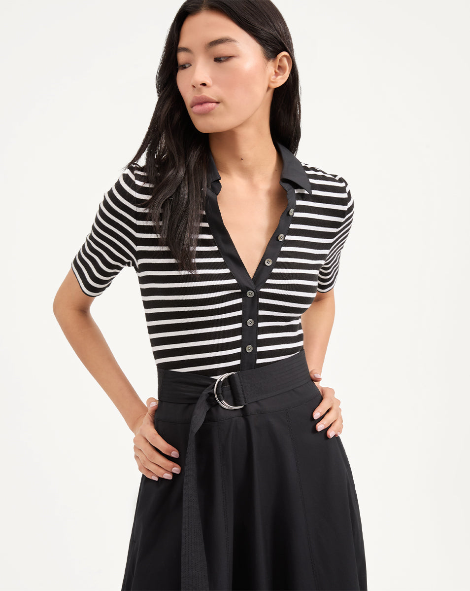 Black & White Striped Mixed Media Dress with Circle Skirt | Delise