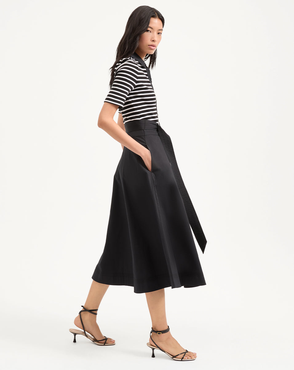 Black & White Striped Mixed Media Dress with Circle Skirt | Delise