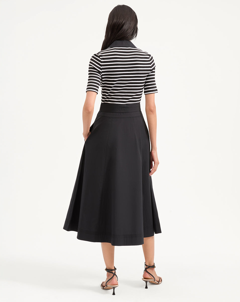 Black & White Striped Mixed Media Dress with Circle Skirt | Delise